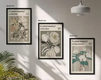 Wanddecoratie set schilderijen met bloemenmarkt thema Londen Chicago Hongkong