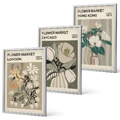 Wanddecoratie set schilderijen met bloemenmarkt thema Londen Chicago Hongkong