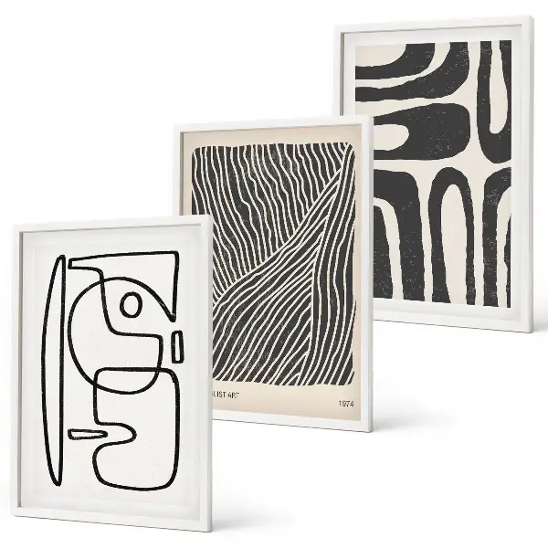 Wanddecoratieset van schilderijen met abstracte lijnpatronen en texturen