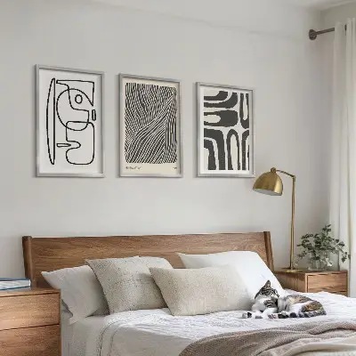 Wanddecoratieset van schilderijen met abstracte lijnpatronen en texturen