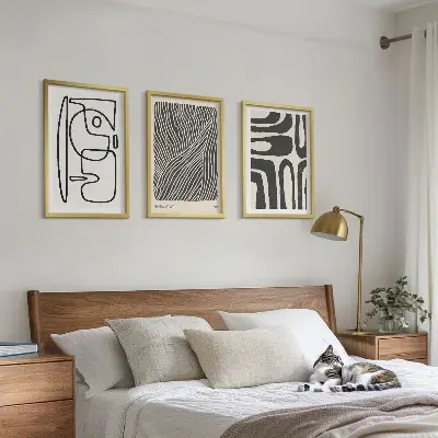 Wanddecoratieset van schilderijen met abstracte lijnpatronen en texturen