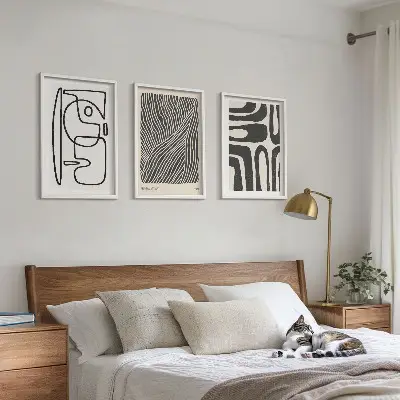 Wanddecoratieset van schilderijen met abstracte lijnpatronen en texturen
