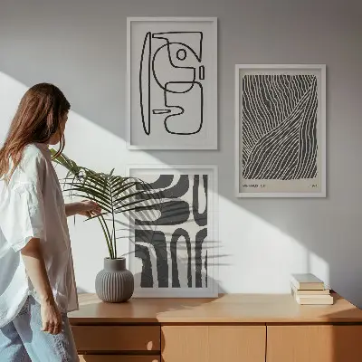Wanddecoratieset van schilderijen met abstracte lijnpatronen en texturen