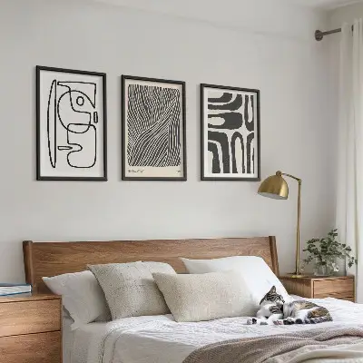 Wanddecoratieset van schilderijen met abstracte lijnpatronen en texturen