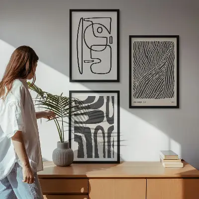 Wanddecoratieset van schilderijen met abstracte lijnpatronen en texturen