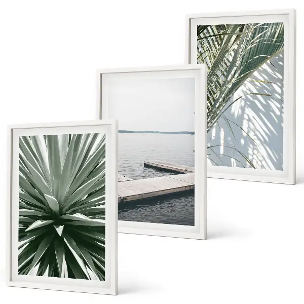 Wanddecoratieset schilderijen palmbladeren met houten steiger