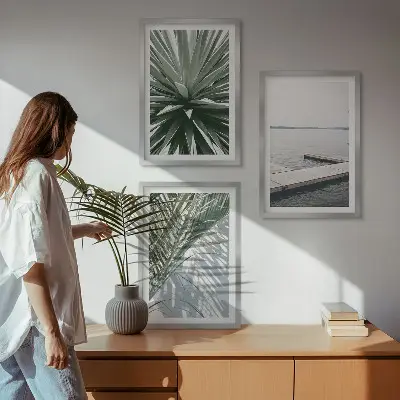 Wanddecoratieset schilderijen palmbladeren met houten steiger