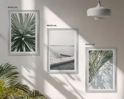 Wanddecoratieset schilderijen palmbladeren met houten steiger