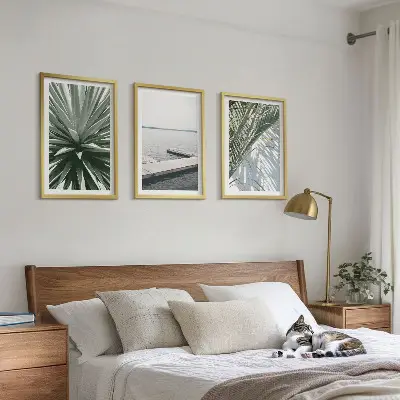 Wanddecoratieset schilderijen palmbladeren met houten steiger