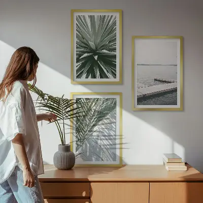 Wanddecoratieset schilderijen palmbladeren met houten steiger