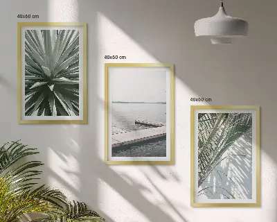 Wanddecoratieset schilderijen palmbladeren met houten steiger