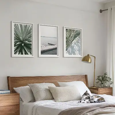 Wanddecoratieset schilderijen palmbladeren met houten steiger