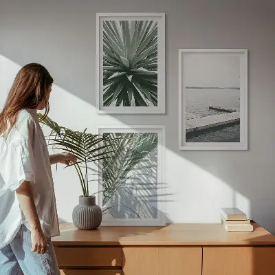 Wanddecoratieset schilderijen palmbladeren met houten steiger