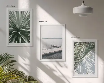 Wanddecoratieset schilderijen palmbladeren met houten steiger