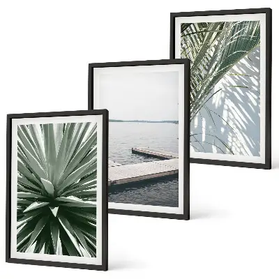 Wanddecoratieset schilderijen palmbladeren met houten steiger