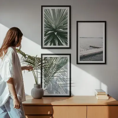 Wanddecoratieset schilderijen palmbladeren met houten steiger