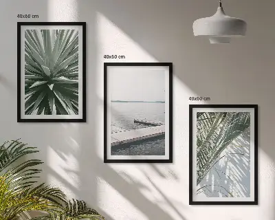 Wanddecoratieset schilderijen palmbladeren met houten steiger