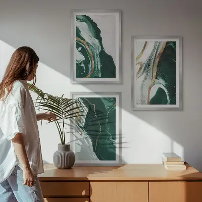 Wanddecoratieset schilderijen met abstracte groene verfpatronen