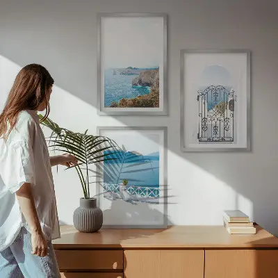 Wanddecoratieset schilderijen met afbeelding van de Griekse architectuur en de zee