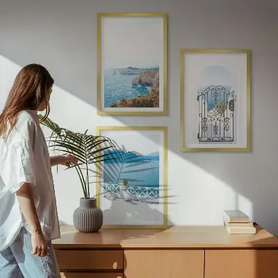 Wanddecoratieset schilderijen met afbeelding van de Griekse architectuur en de zee