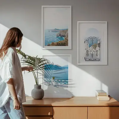 Wanddecoratieset schilderijen met afbeelding van de Griekse architectuur en de zee