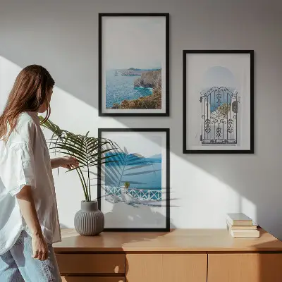 Wanddecoratieset schilderijen met afbeelding van de Griekse architectuur en de zee