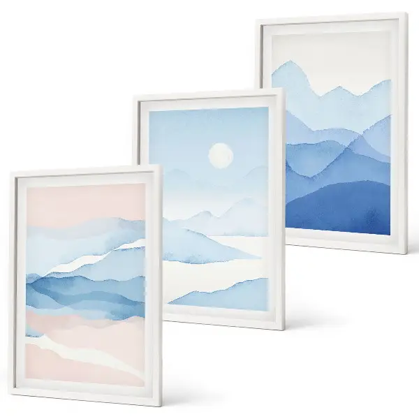 Wanddecoratieset schilderijen met aquarel van blauwe en roze bergen