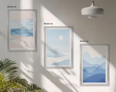 Wanddecoratieset schilderijen met aquarel van blauwe en roze bergen
