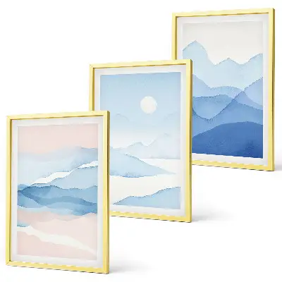 Wanddecoratieset schilderijen met aquarel van blauwe en roze bergen