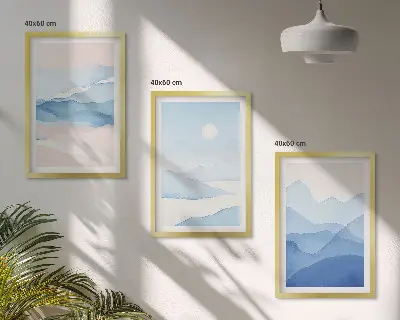 Wanddecoratieset schilderijen met aquarel van blauwe en roze bergen