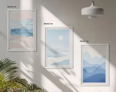 Wanddecoratieset schilderijen met aquarel van blauwe en roze bergen