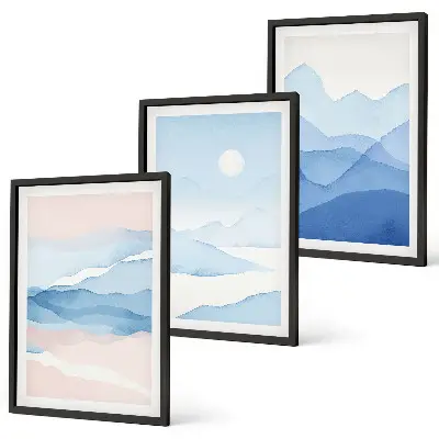 Wanddecoratieset schilderijen met aquarel van blauwe en roze bergen