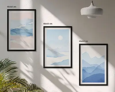 Wanddecoratieset schilderijen met aquarel van blauwe en roze bergen