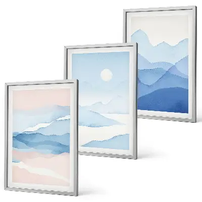 Wanddecoratieset schilderijen met aquarel van blauwe en roze bergen