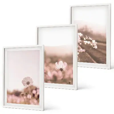Set wanddecoratie met schilderijen veld met zomerse bloemen en landschappen