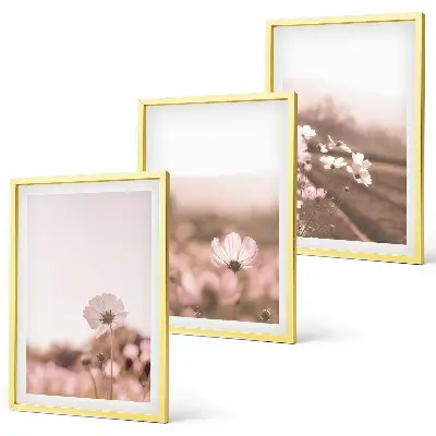 Set wanddecoratie met schilderijen veld met zomerse bloemen en landschappen