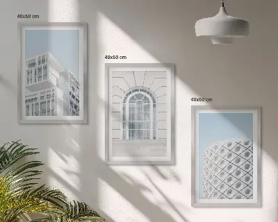 Wanddecoratieset met schilderijen moderne architectuur en geometrische vormen