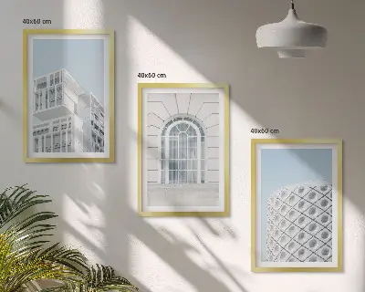 Wanddecoratieset met schilderijen moderne architectuur en geometrische vormen