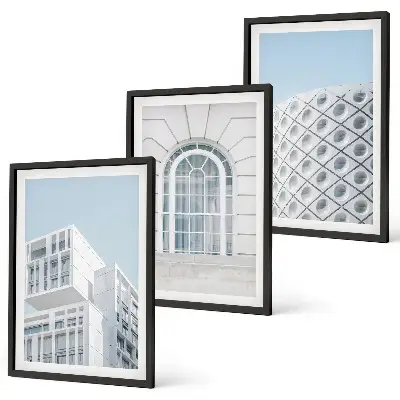 Wanddecoratieset met schilderijen moderne architectuur en geometrische vormen