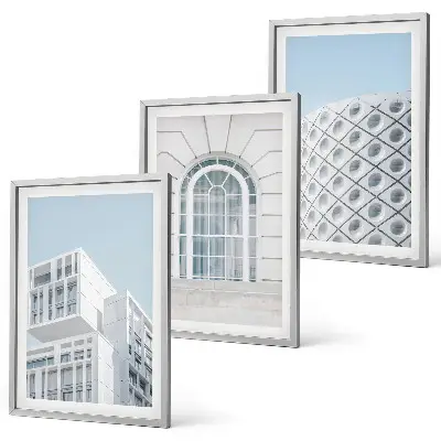 Wanddecoratieset met schilderijen moderne architectuur en geometrische vormen