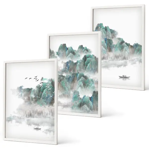 Fotowand met een Japandi-landschap van bergen, wolken, vogels en een boot