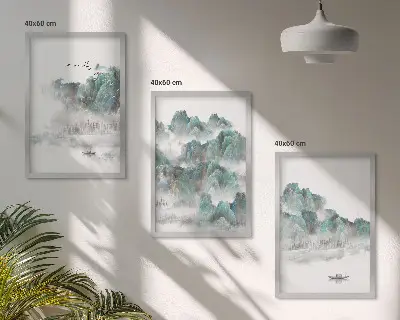 Fotowand met een Japandi-landschap van bergen, wolken, vogels en een boot