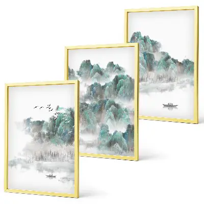 Fotowand met een Japandi-landschap van bergen, wolken, vogels en een boot