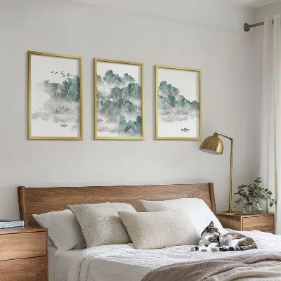 Fotowand met een Japandi-landschap van bergen, wolken, vogels en een boot