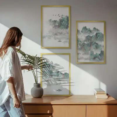 Fotowand met een Japandi-landschap van bergen, wolken, vogels en een boot
