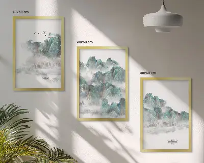 Fotowand met een Japandi-landschap van bergen, wolken, vogels en een boot