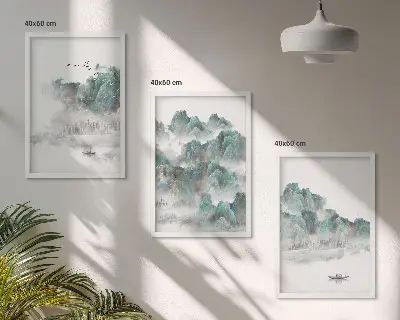 Fotowand met een Japandi-landschap van bergen, wolken, vogels en een boot