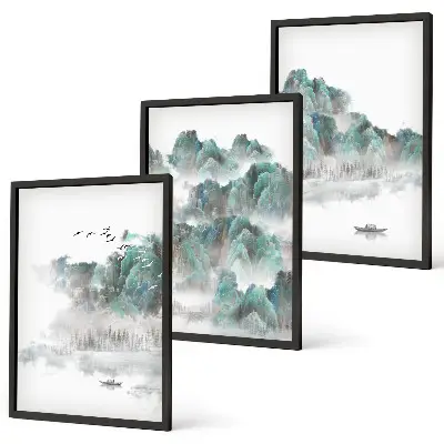 Fotowand met een Japandi-landschap van bergen, wolken, vogels en een boot