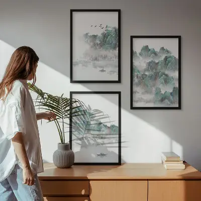 Fotowand met een Japandi-landschap van bergen, wolken, vogels en een boot