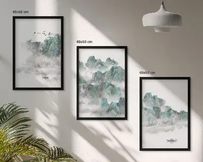 Fotowand met een Japandi-landschap van bergen, wolken, vogels en een boot